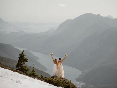 Two women celebrate their marriage on an Alaskan mountaintop.
