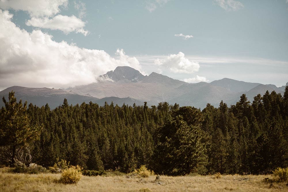 Landscape of forest and mountains in Rocky Mountain National Park. 