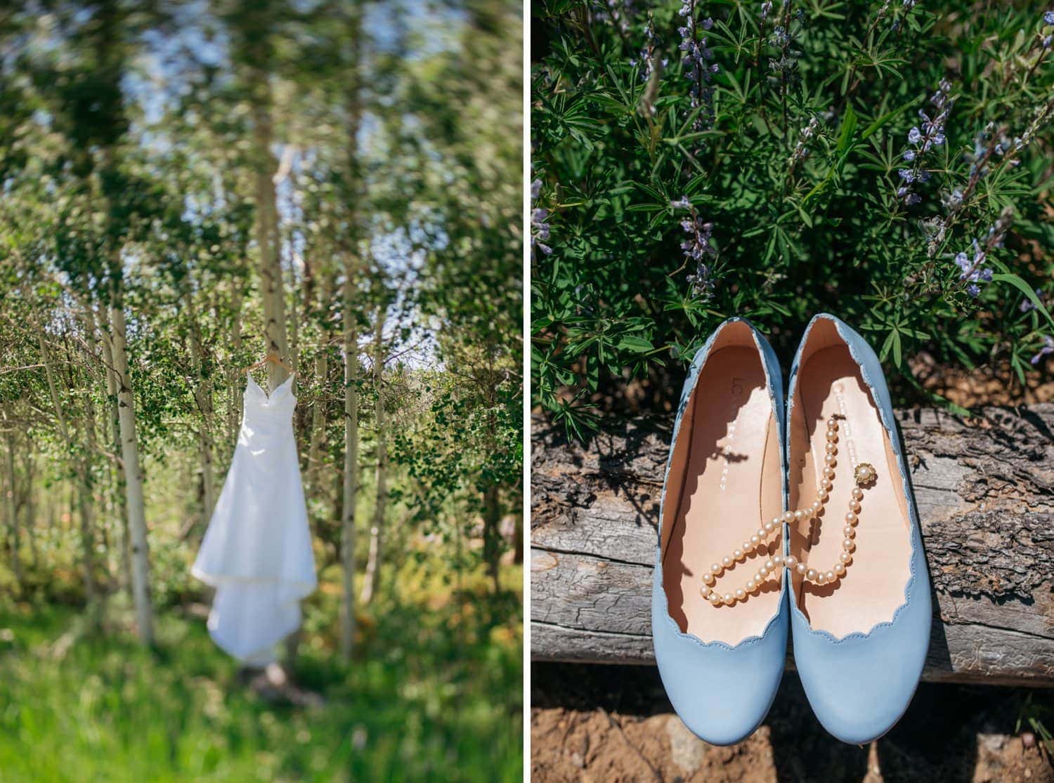 White dress hanging in an aspen tree and light blue flats, with a pearl necklace. 
