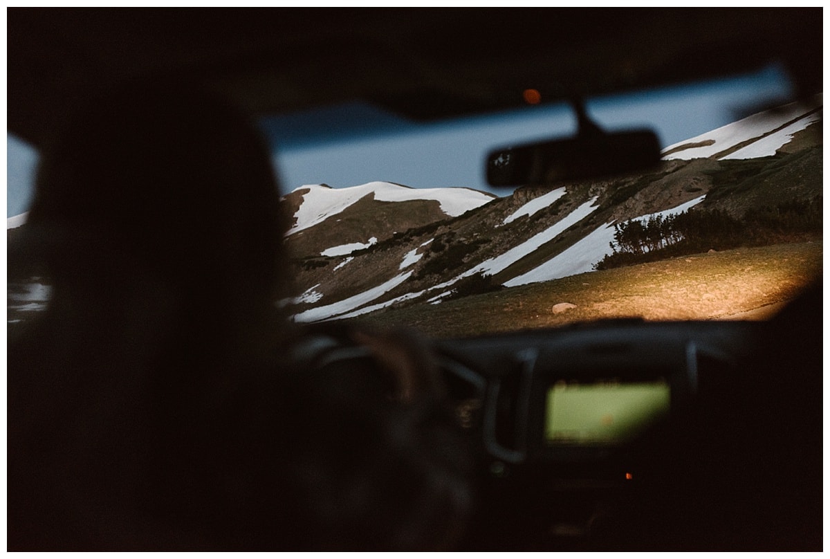 Inside of car, looking out at mountain landscape at Winter Park, Colorado. 