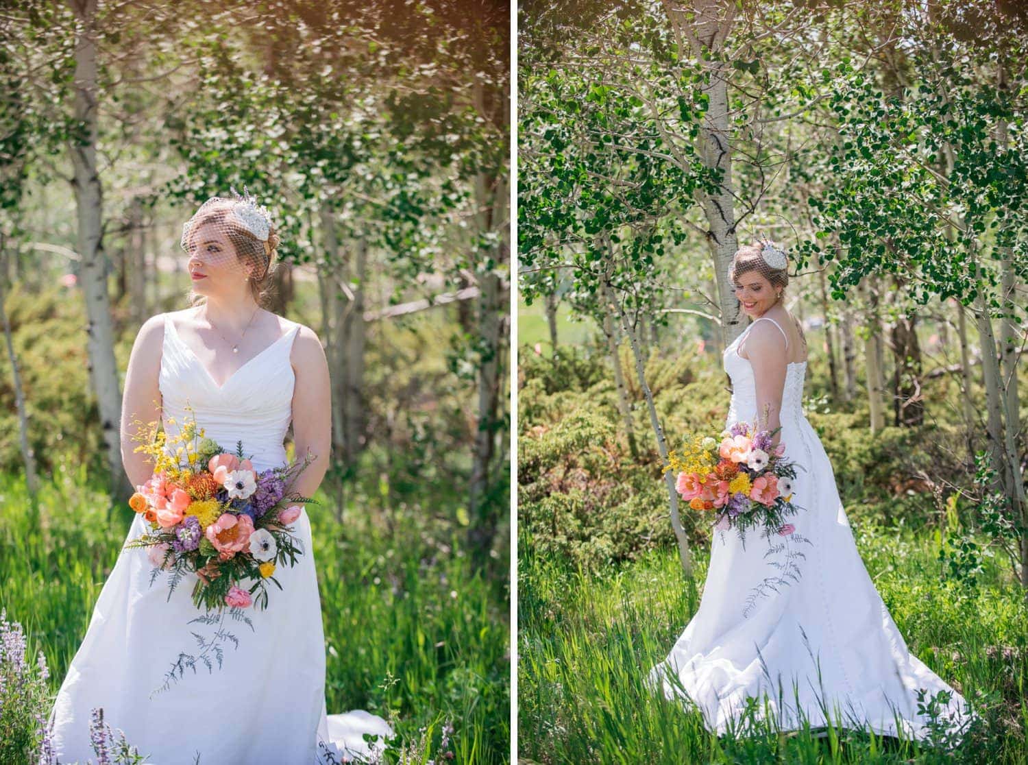 Bride is wearing a white dress and holding a bouquet on her elopement day in Grand Lake, Colorado. She is in a meadow with tall green grass and wildflower, and an aspen grove in the background. 