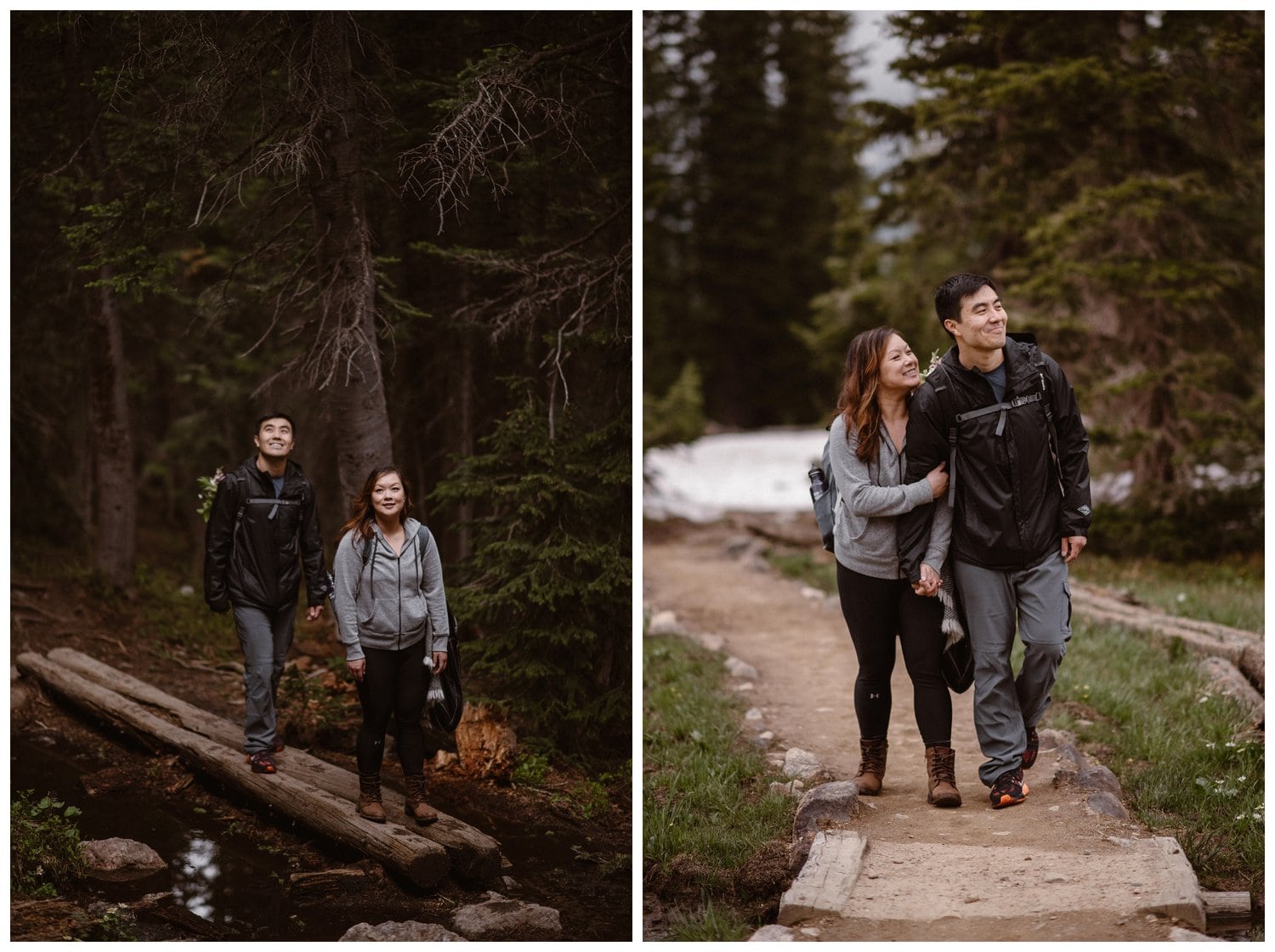 Bride and groom hiking across stream  near Boulder, Colorado. 