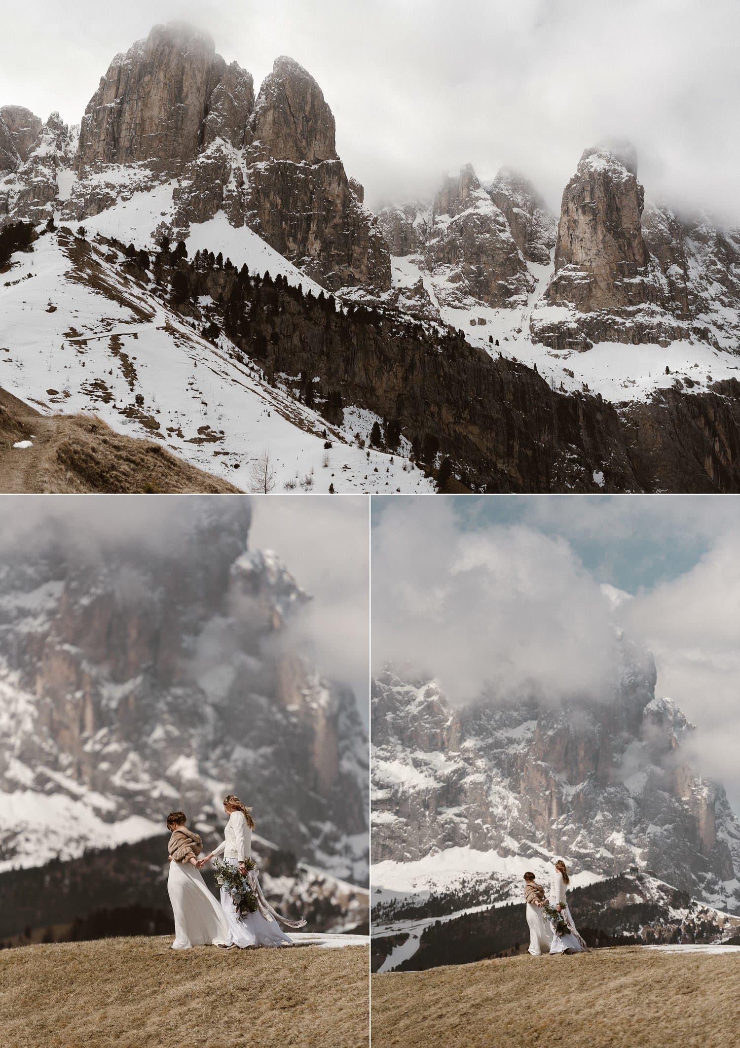 Two brides hold hands and walk together, with the Italian Dolomites in the background. 