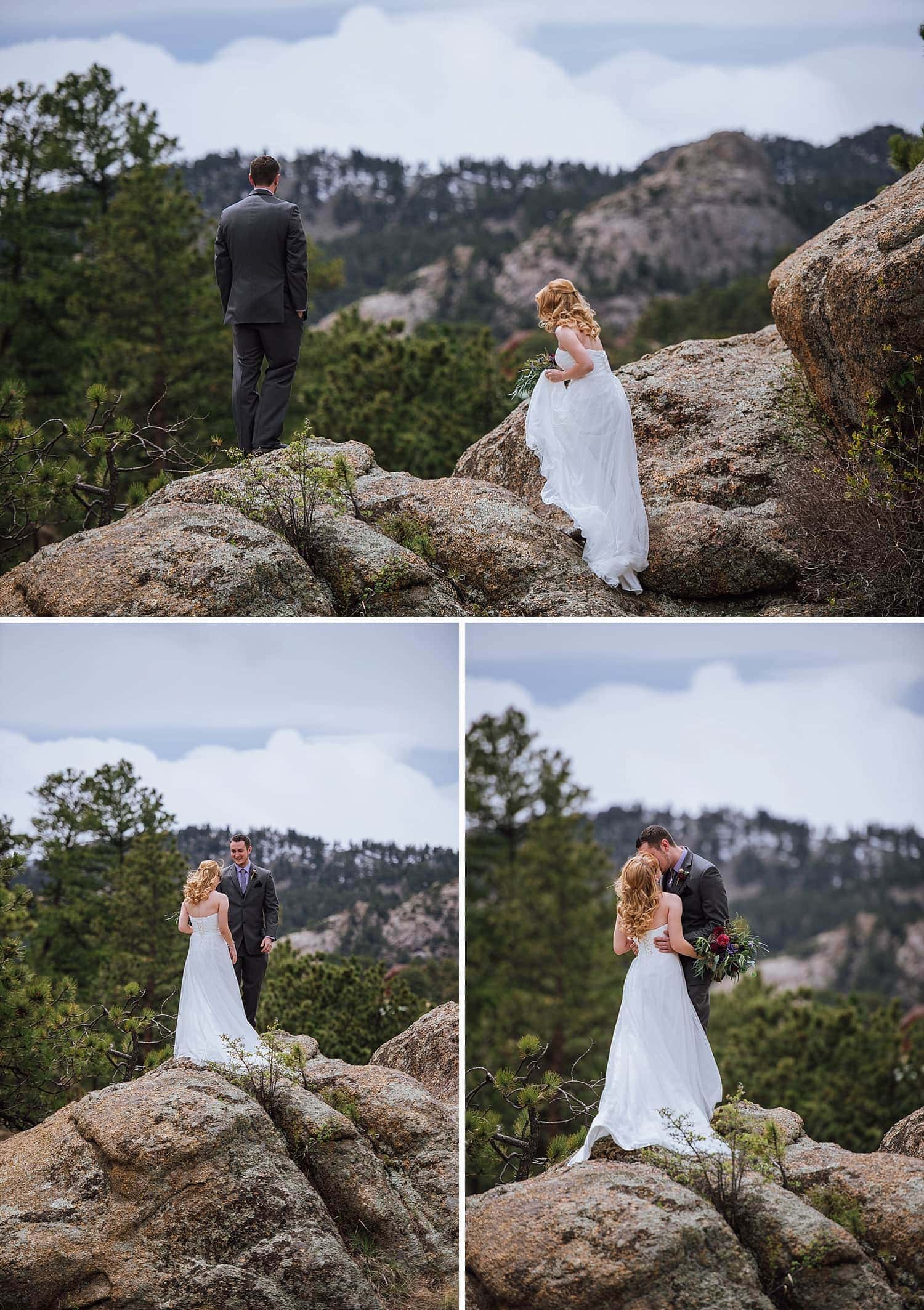 Bride climbs up rock and approaches groom for first look at Sprague Lake, in Rocky Mountain National Park, Colorado. 