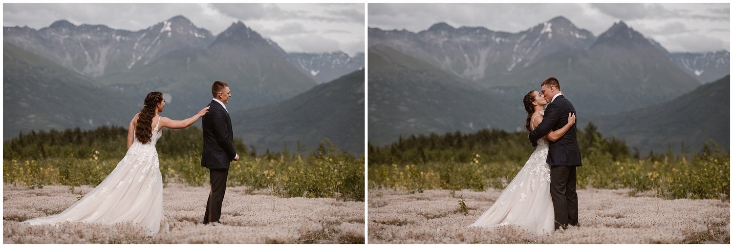 Bride and groom share a first look during all-day elopement in Alaska. 