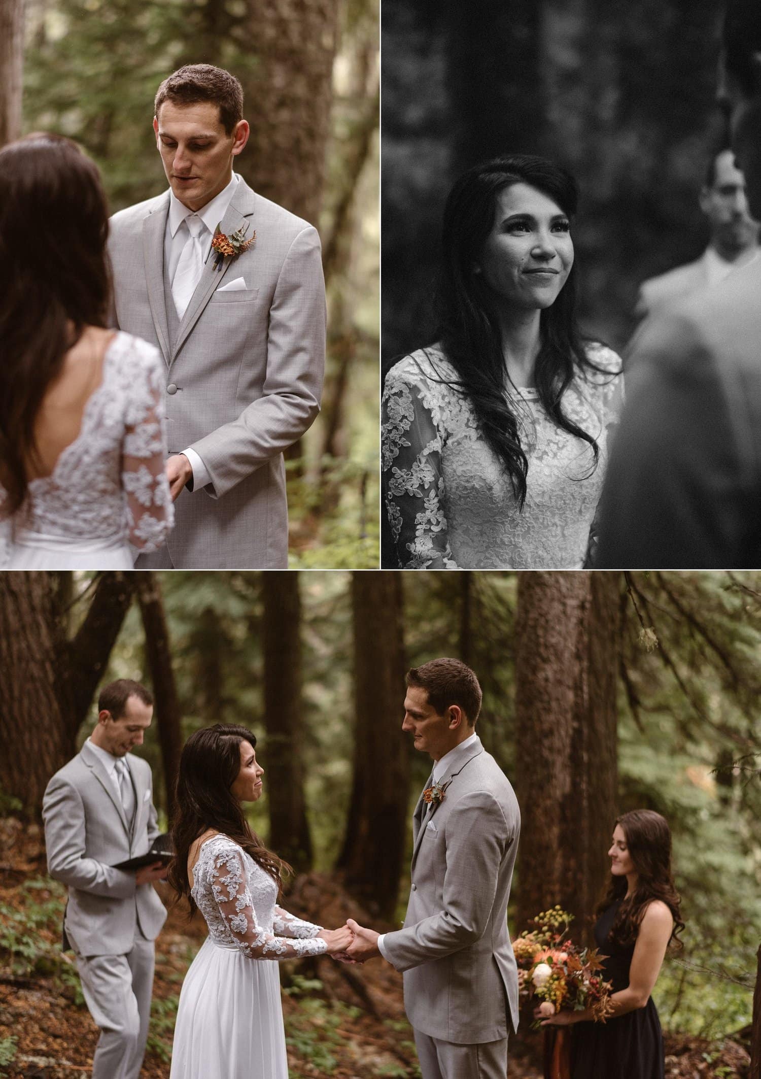 Bride and groom during intimate elopement ceremony at Mt. Rainier National Park. 