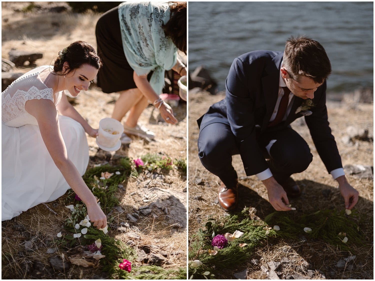 Bride and groom create a circle of flower petals and greenery on the ground for their elopement ceremony at the Columbia River Gorge, in Oregon.