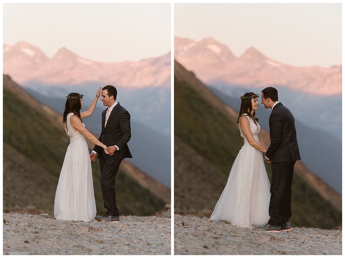 Bride and groom share a first look at sunrise at Ophir Pass, Colorado. 