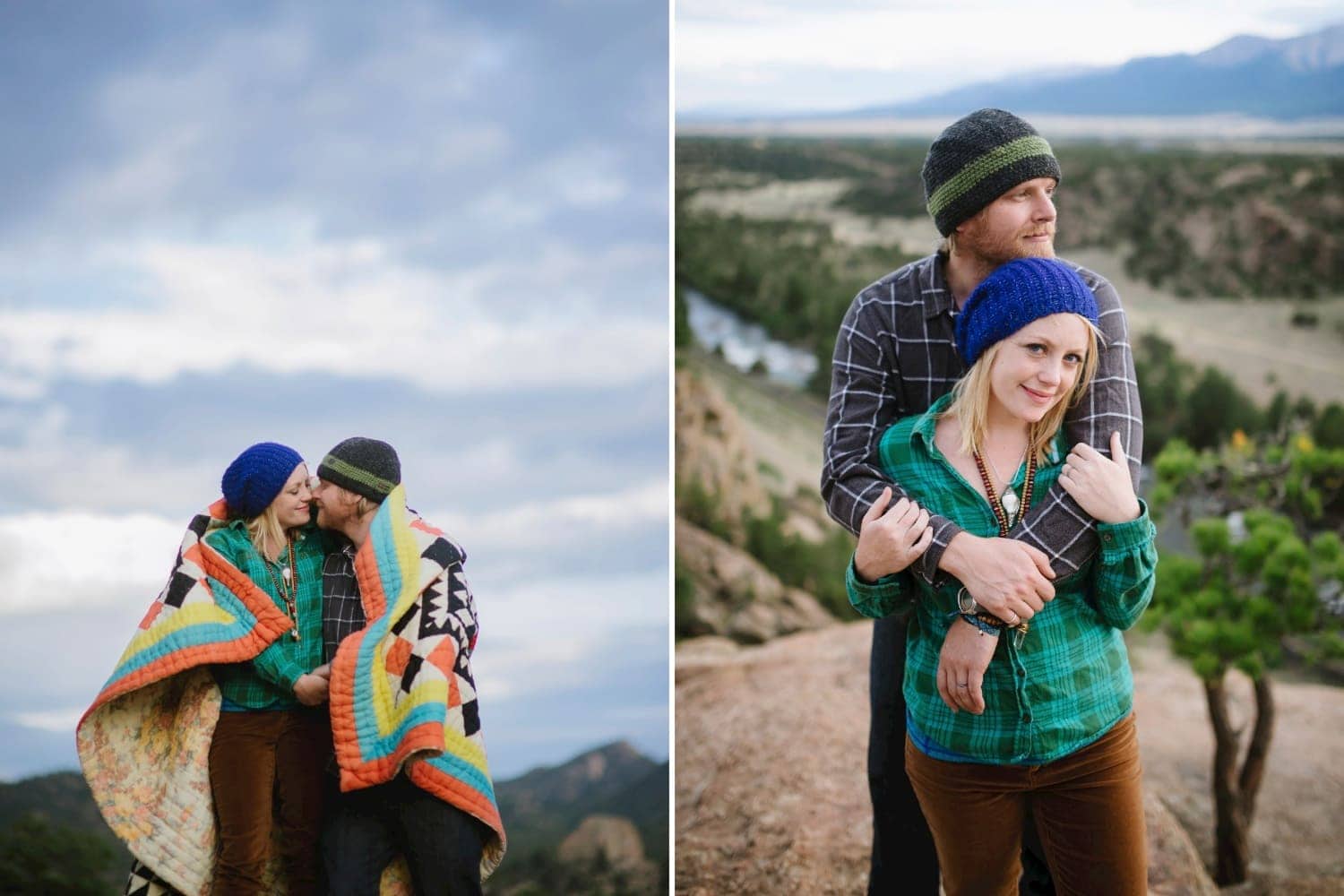 Couple celebrating their 10 year anniversary embrace on top of a mountain in Buena Vista, Colorado. 