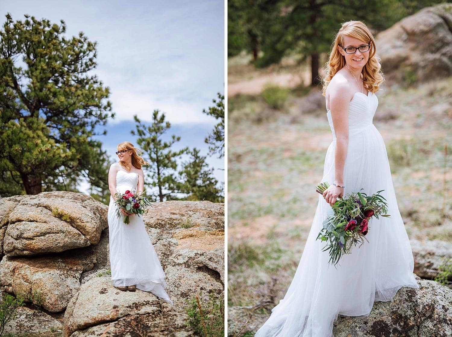 Bride is standing on rocks, is wearing a white wedding dress, and holding a bouquet with red flowers. 