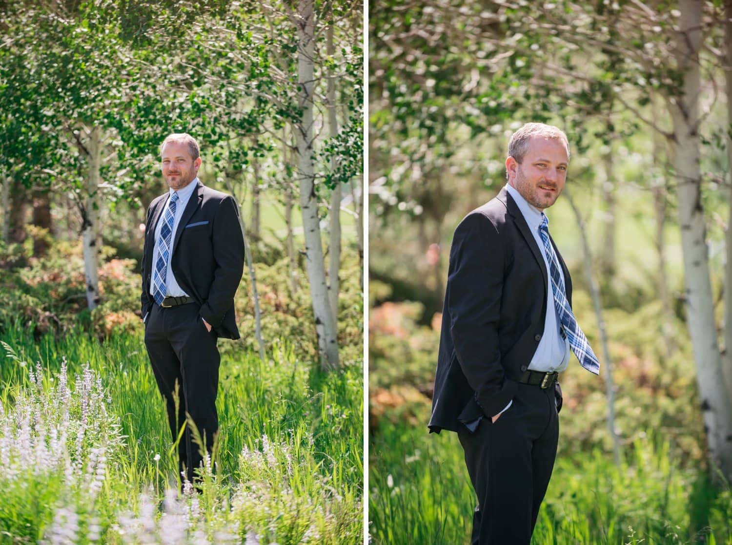 Groom standing in a meadow with wildflowers in Grand Lake, Colorado. There is an aspen grove in the background. 