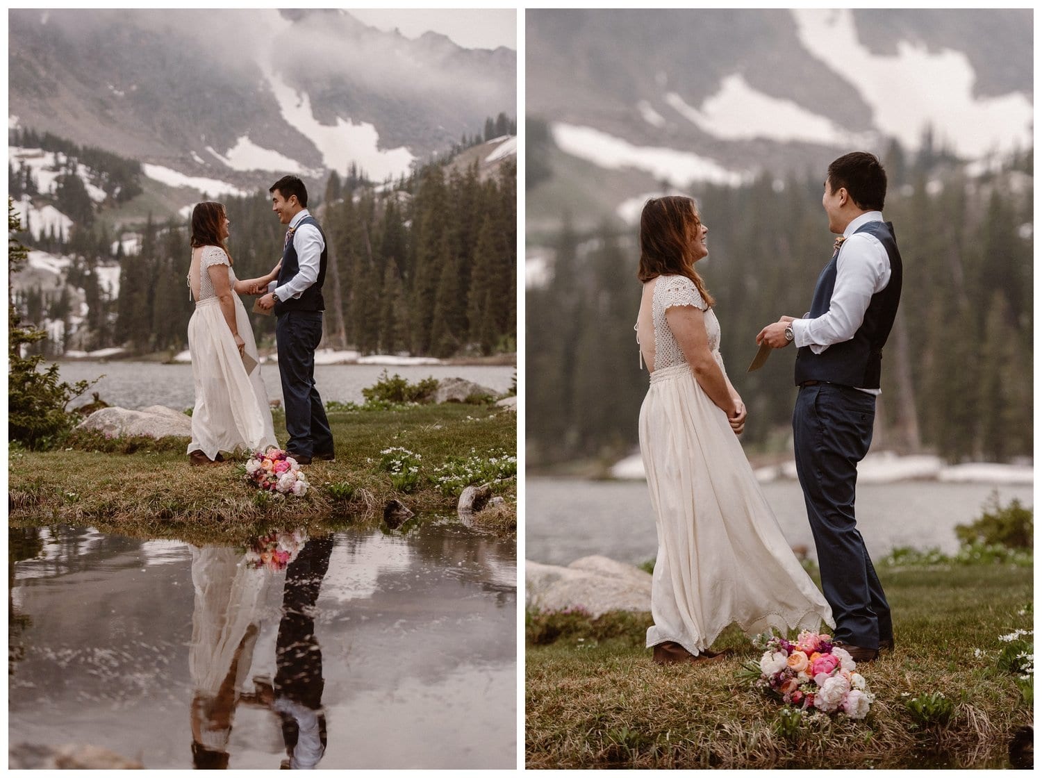 Bride and groom read their vows during intimate elopement ceremony near Boulder, Colorado. There is a high alpine lake in the background, a forest, and snow-capped mountains. 