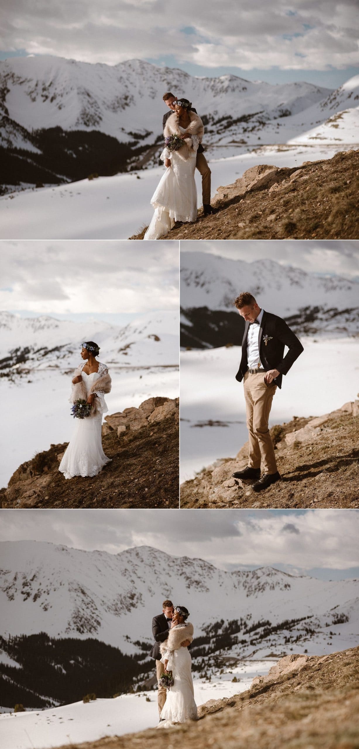 Bride and groom on their elopement day at Loveland Pass, in Colorado. There are snow-covered mountains in the background. 