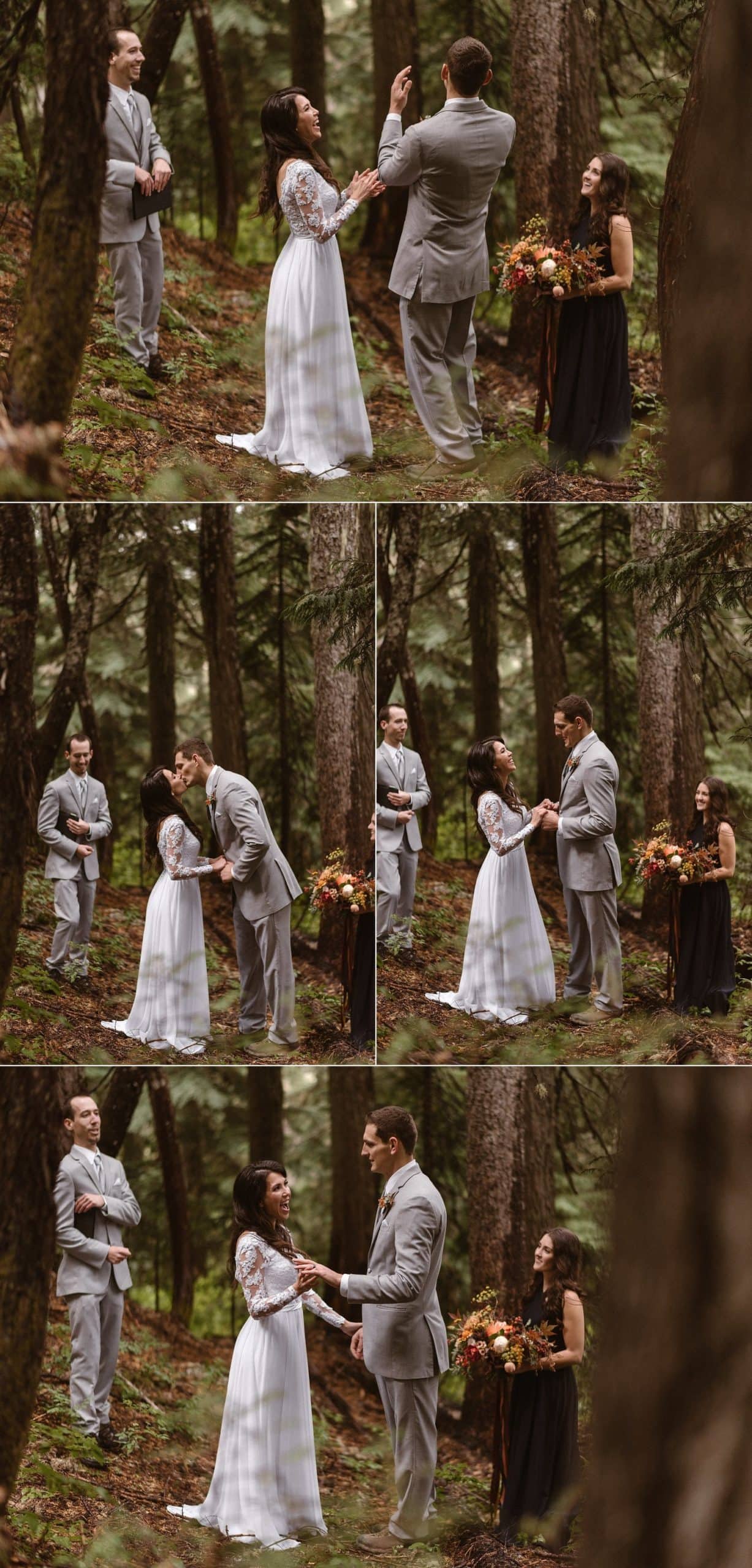 Bride and groom during intimate elopement ceremony in a forest at Mt. Rainier National Park. 