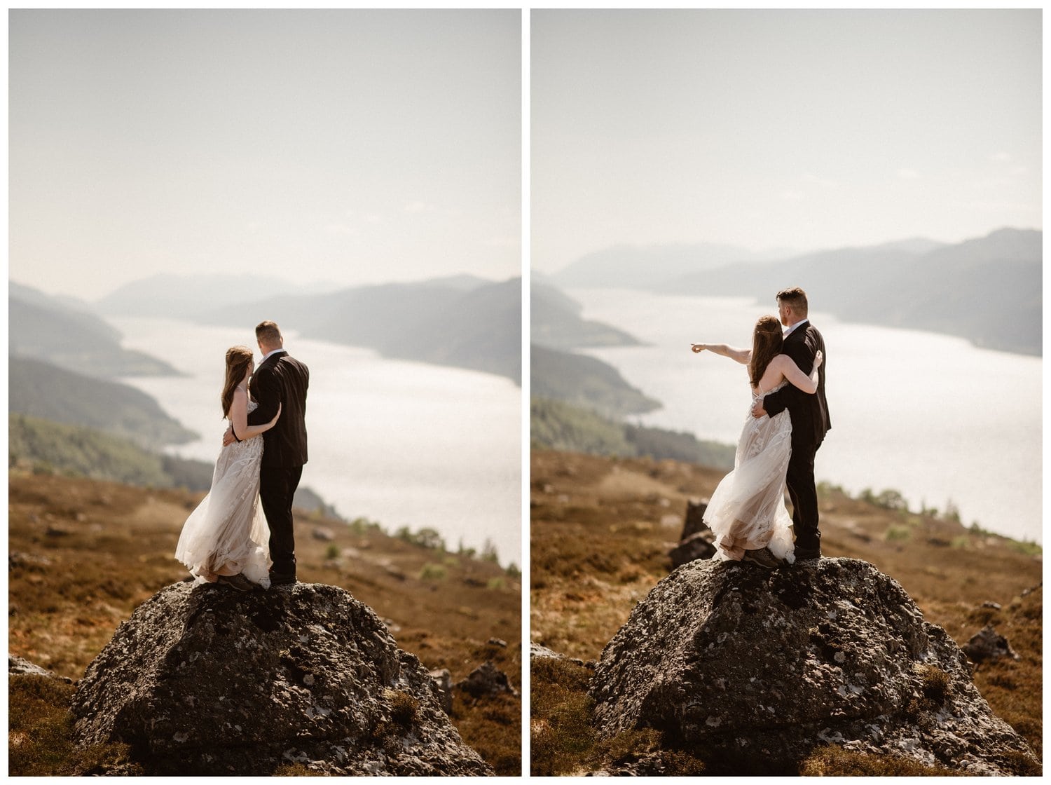 Bride and groom embrace while standing on a rock, overlooking Loch Ness in the Scottish Highlands. 