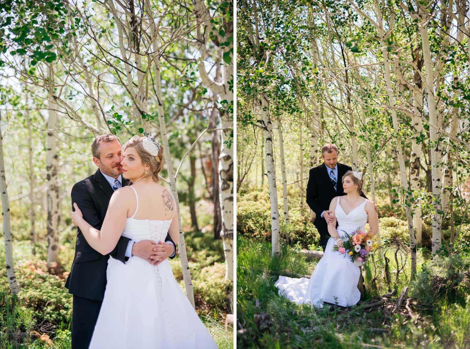 Bride and groom embrace on their elopement day in an aspen grove in Grand Lake, Colorado. 