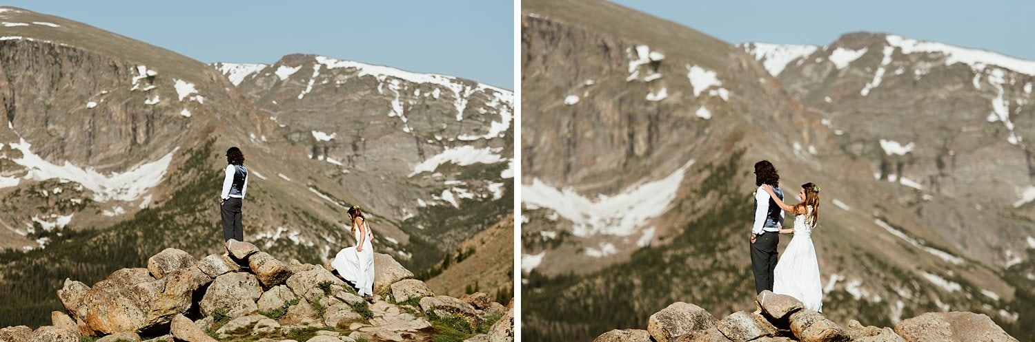 Bride approaches groom for first look on their elopement day at Trail Ridge Road in Rocky Mountain National Park, Colorado. 