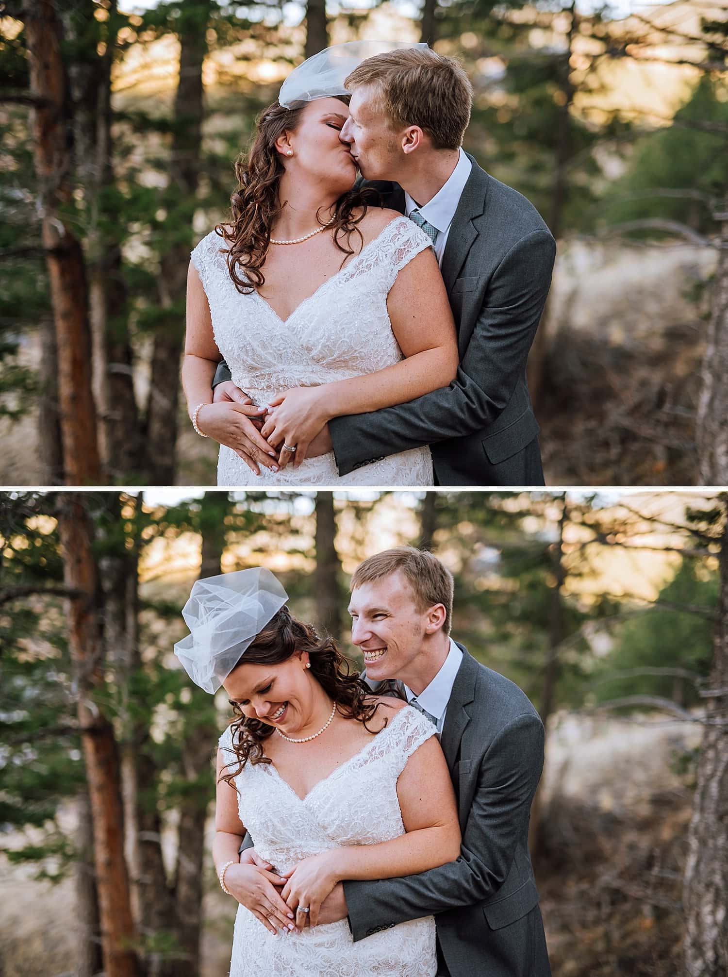 Bride and groom embrace in a forest on their elopement day in Estes Park, Colorado. 