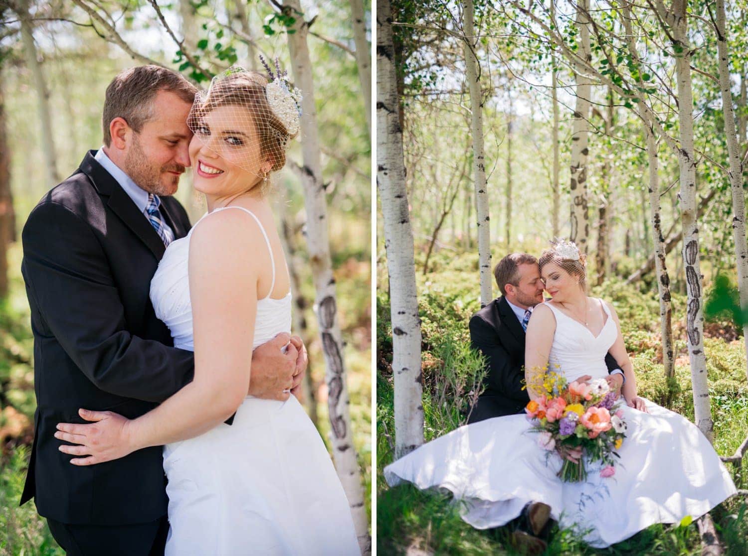 Bride and groom embrace in an aspen grove in Grand Lake, Colorado. 