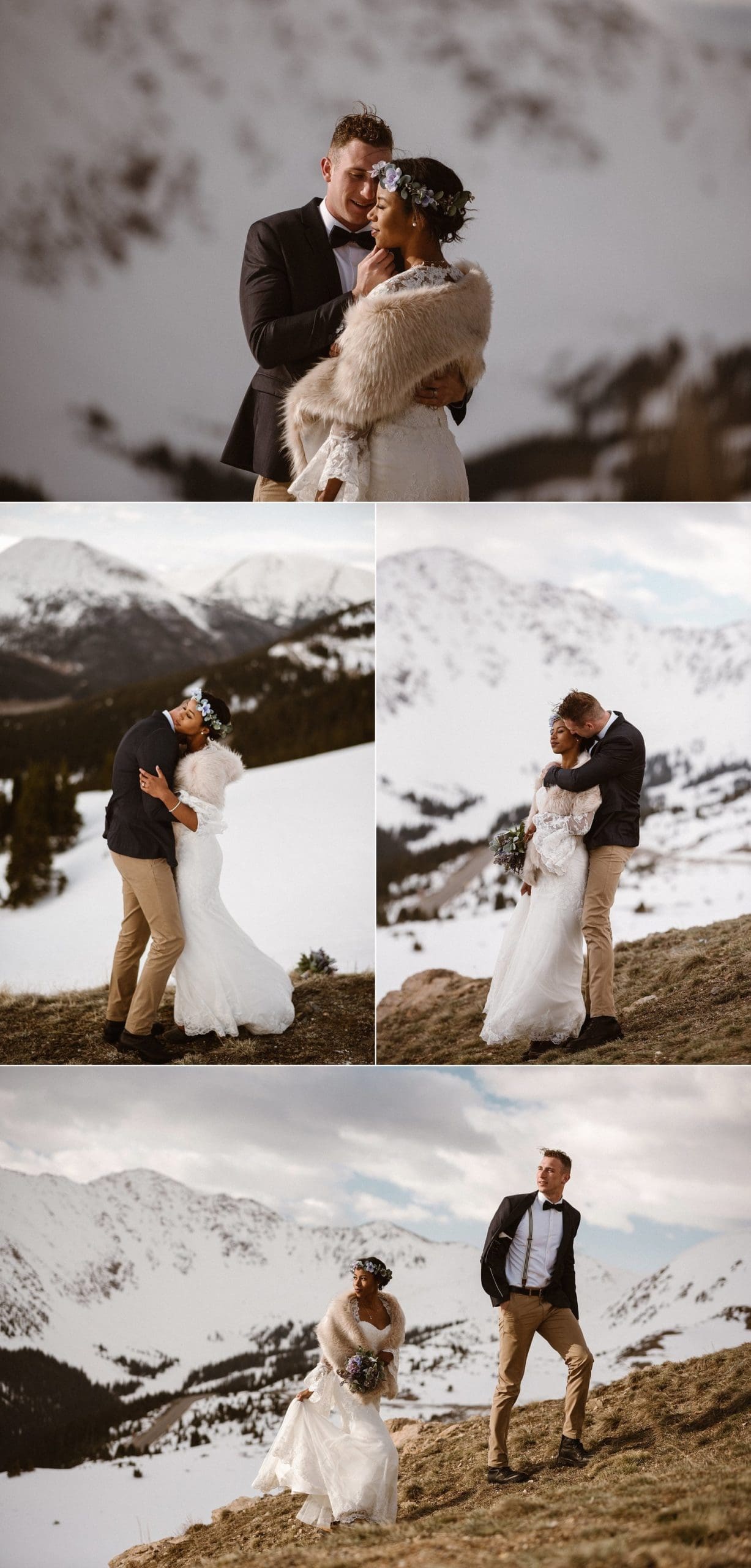 Bride and groom embrace on their elopement day at Loveland Pass, in Colorado. 