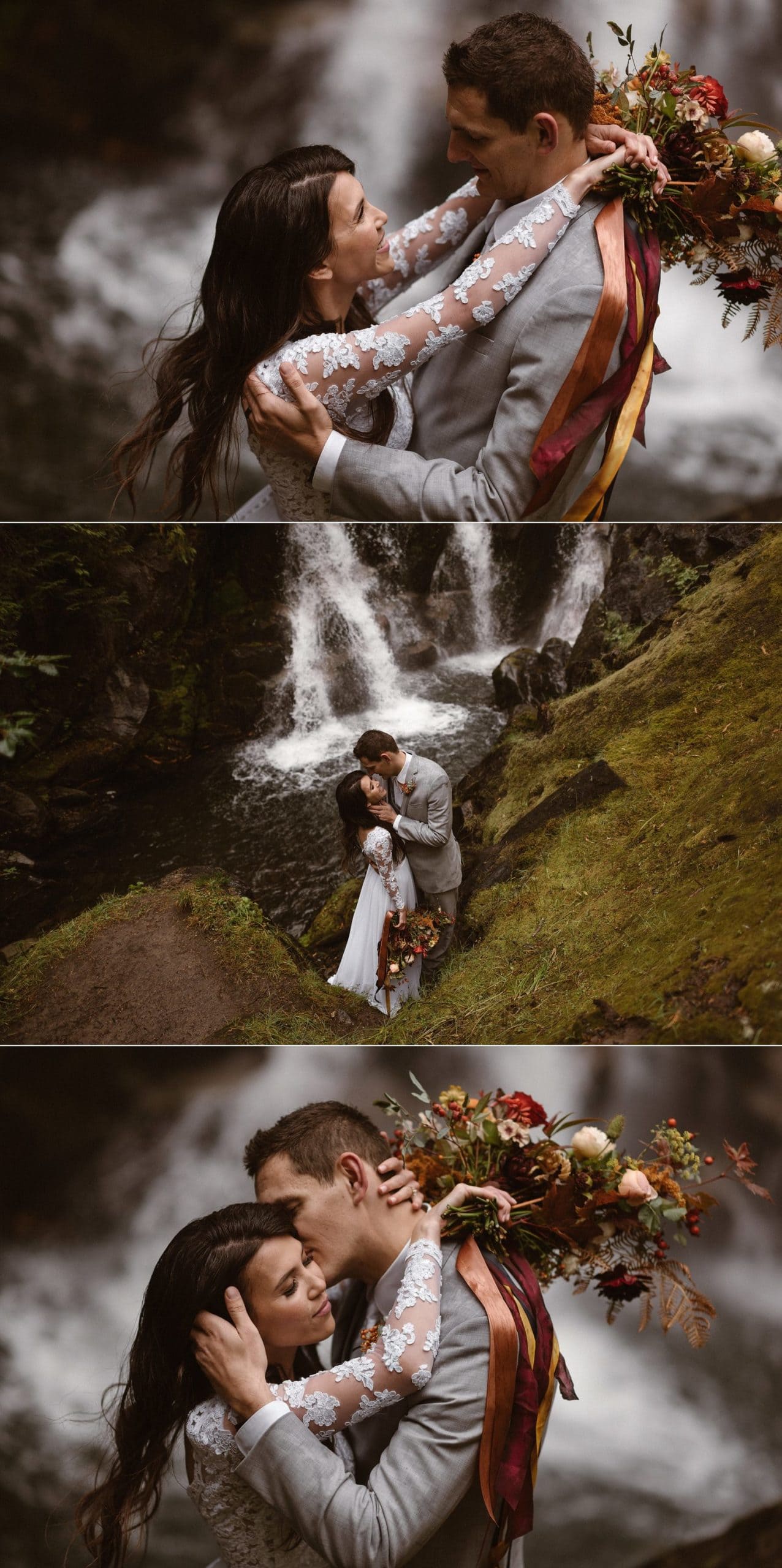 Bride and groom embrace in front of waterfall at Mt. Rainier National Park. 