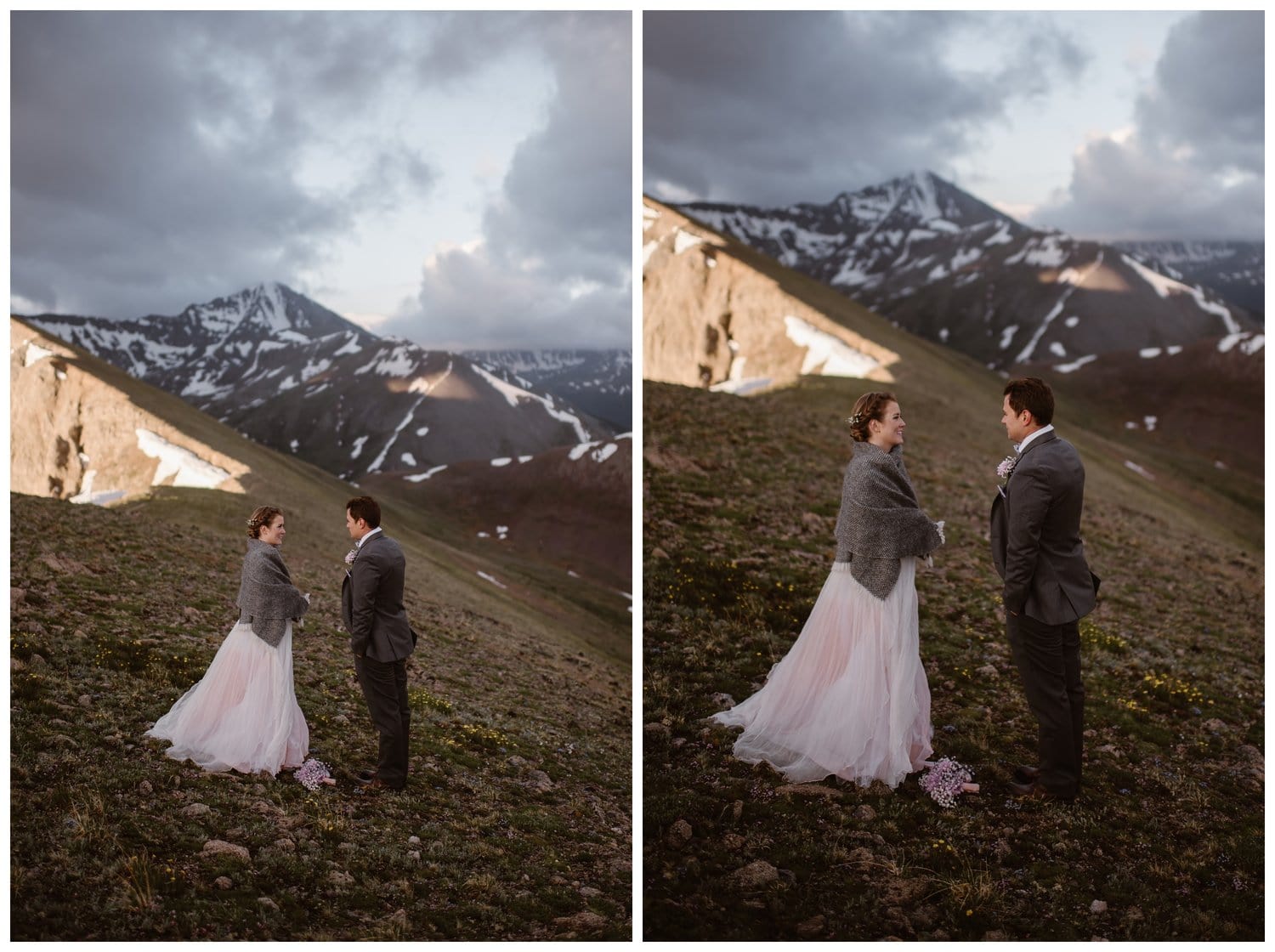 Bride and groom read their vows during a sunrise hiking elopement near Aspen, Colorado. 