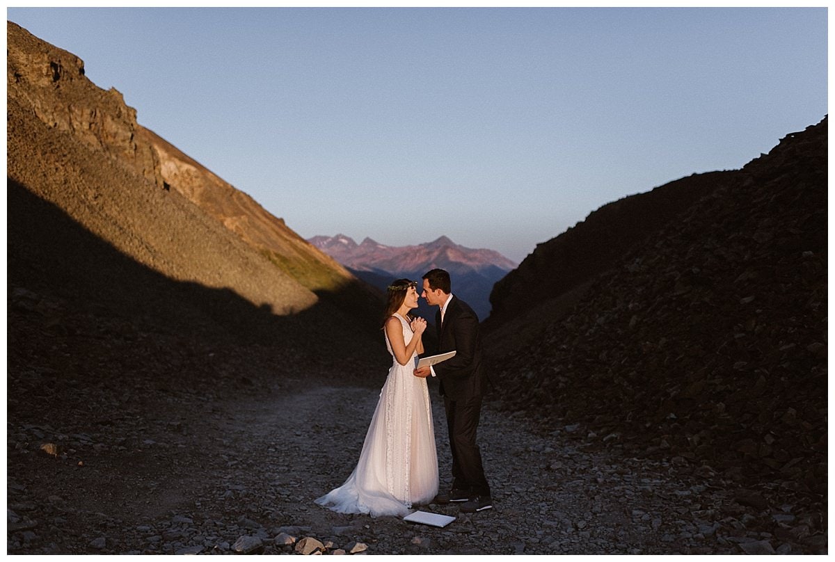 Bride and groom on their elopement day at Ophir Pass, in Colorado. 