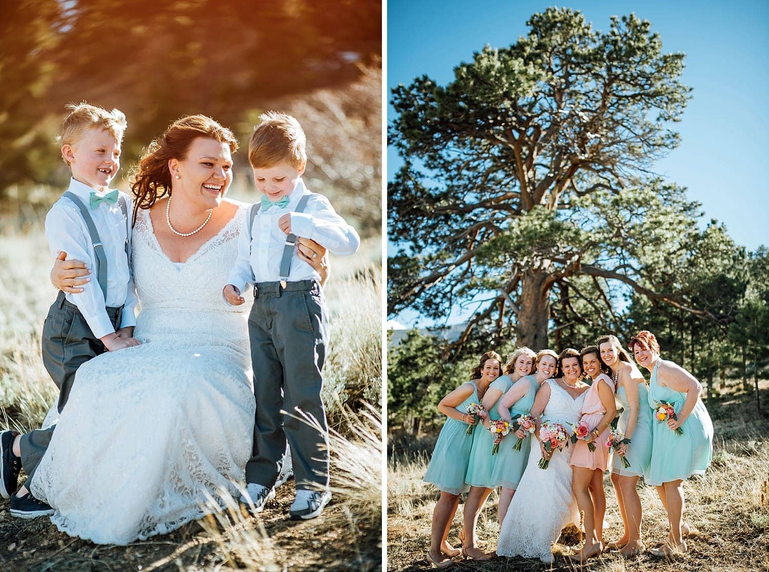 Bride poses with her bridesmaids in Estes Park, Colorado. 