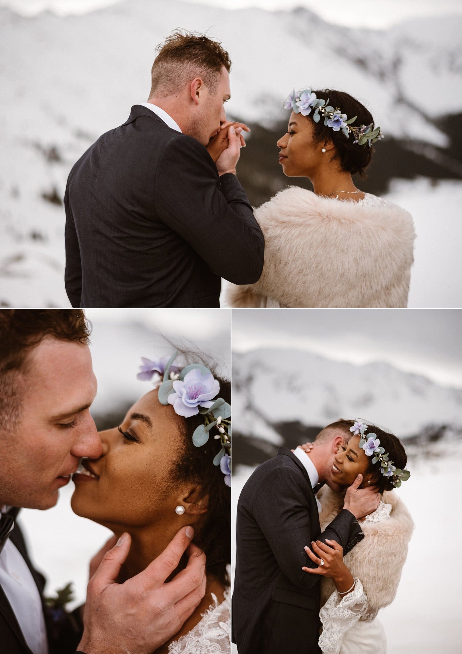 Groom kisses bride's hand on their elopement day at Loveland Pass, in Colorado. 