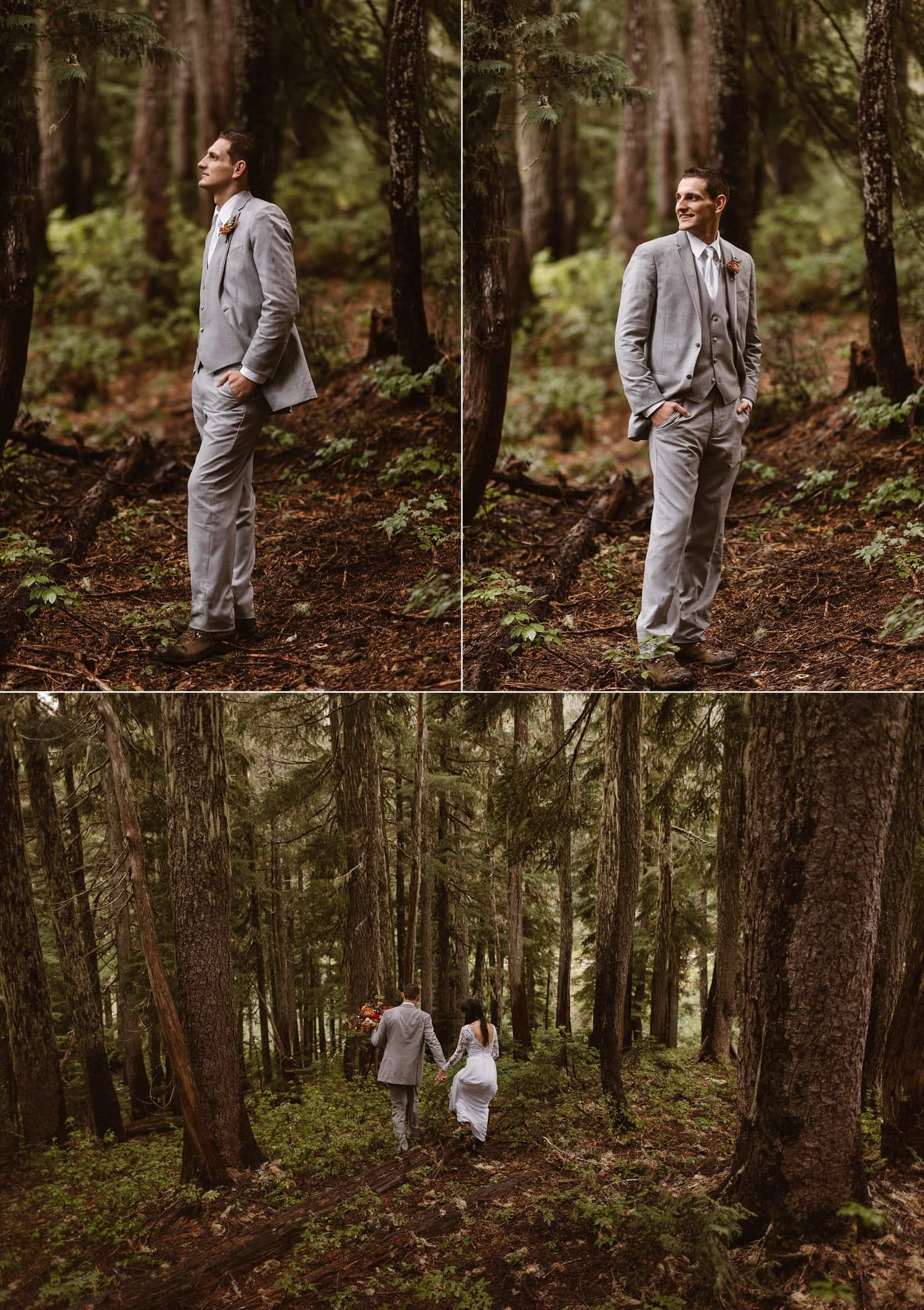 Groom standing in forest in Mt. Rainier National Park, wearing a grey suit. 