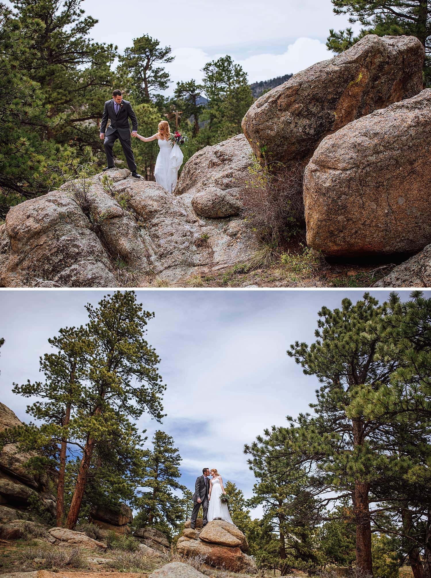 Bride and groom hold hands and climb up rocks together at Sprague Lake, in Rocky Mountain National Park, Colorado. 