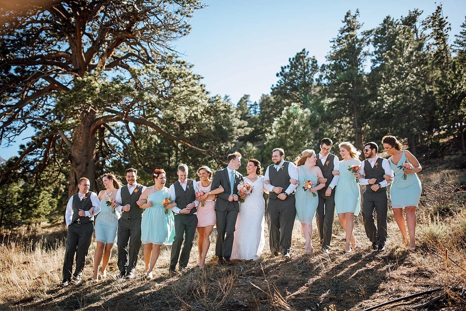 Bride and groom link arms with their bridesmaids and groomsmen in Estes Park, Colorado. 