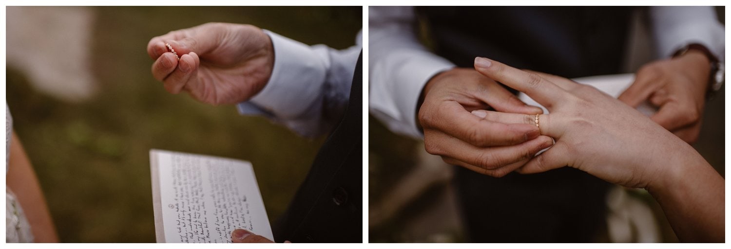 Groom places gold ring on bride's ring finger during their intimate elopement ceremony. 
