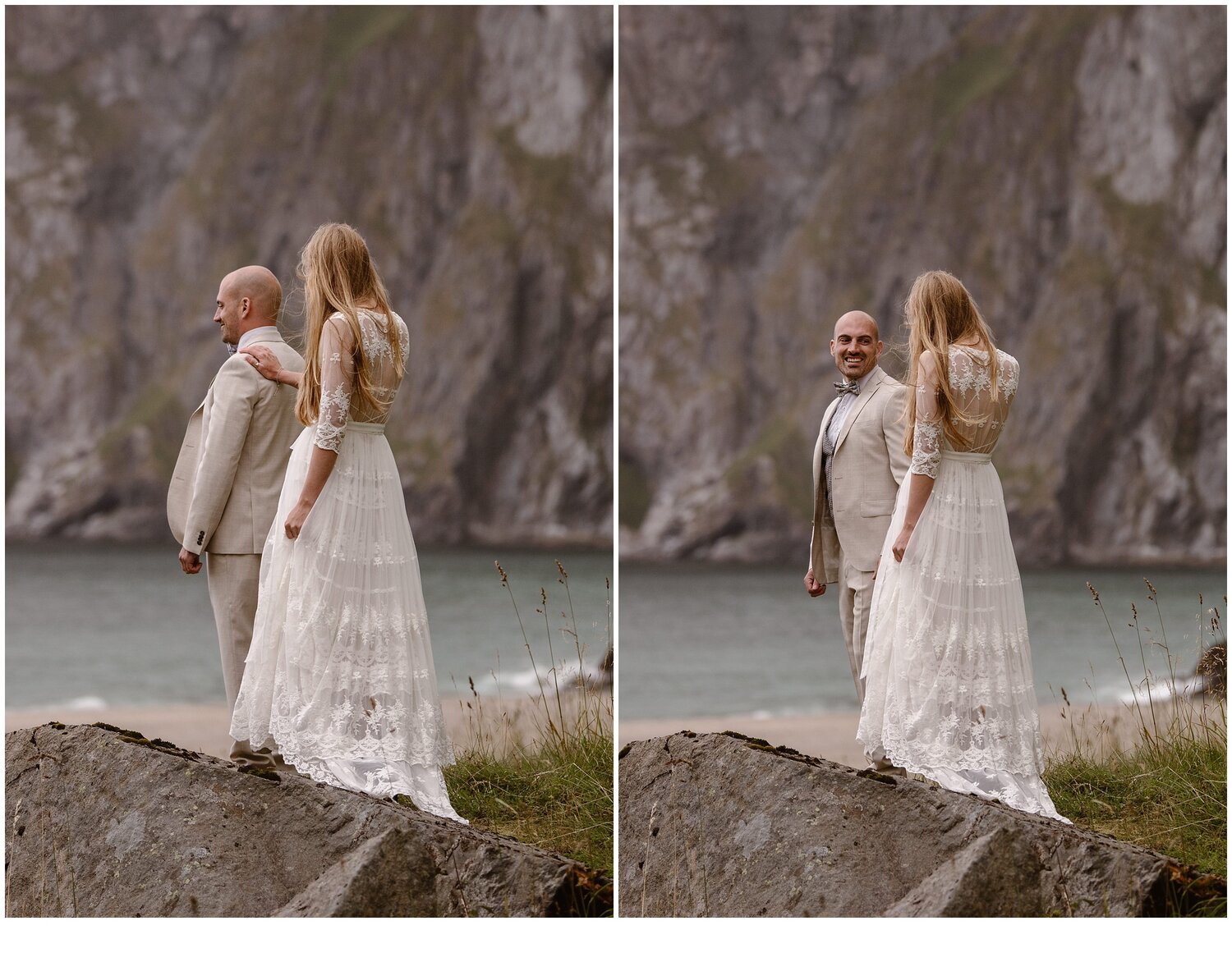 Bride taps groom on his shoulder for a first look on their elopement day in Norway. 