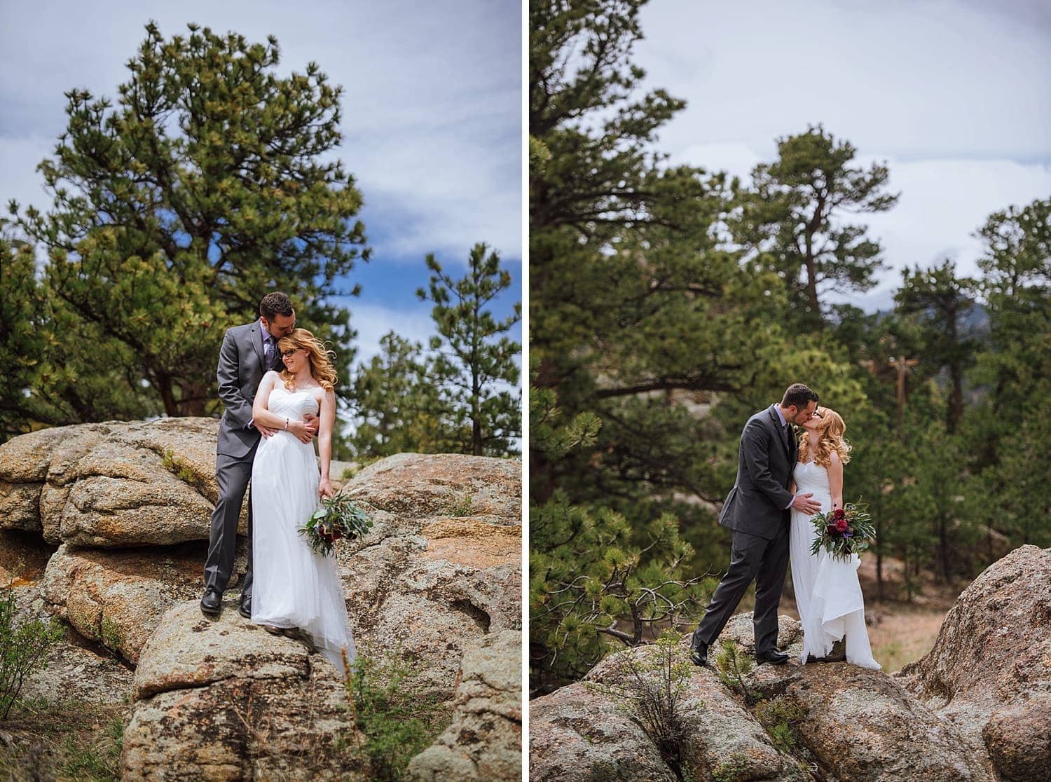 Bride and groom embrace, and share a kiss on their elopement day at Sprague Lake, in Rocky Mountain National Park, Colorado. 