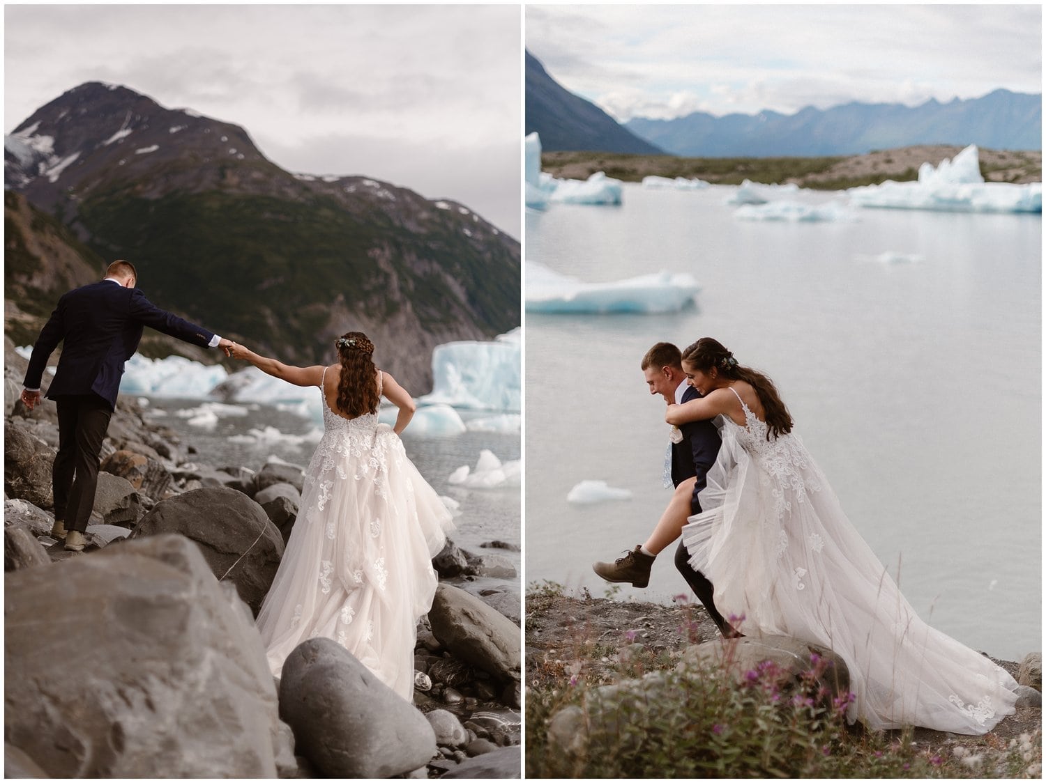 Bride and groom walk across rocks in front on glacial lake with icebergs in Alaska.