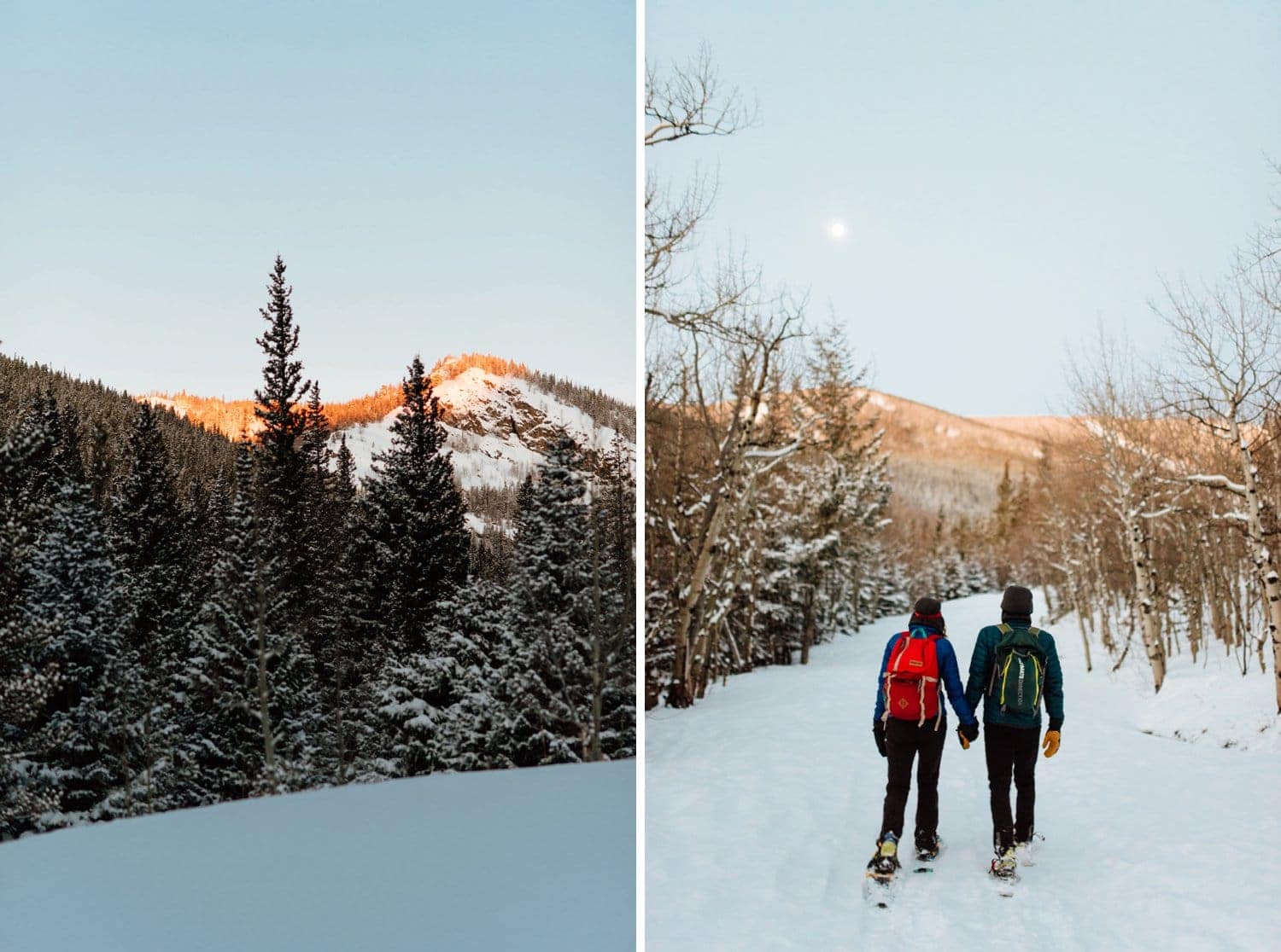 Couple holding hands and snowshoeing at Indian Peaks, in Colorado. There is snow covering the ground and trees all around them. 