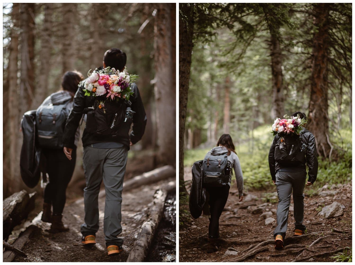 Bride and groom hiking on a trail near Boulder, Colorado. The groom is carrying the bride's bouquet in his backpack.