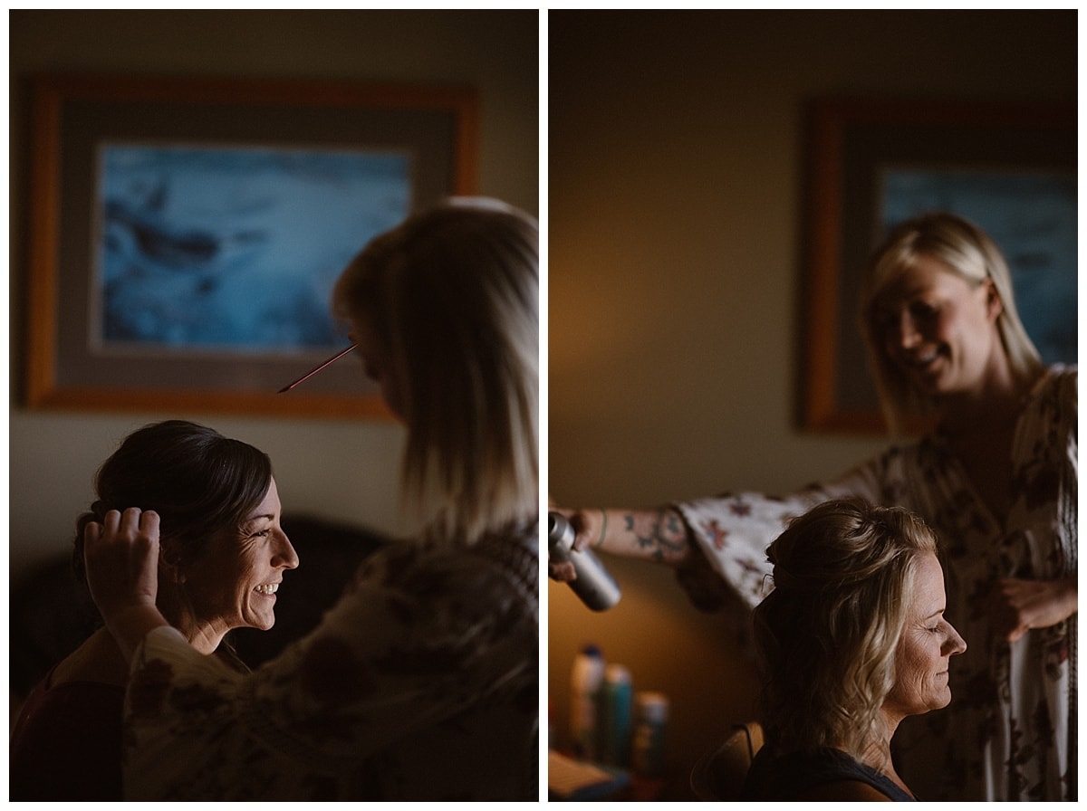 Two brides getting their hair done on their elopement day in Tofino, Canada. 