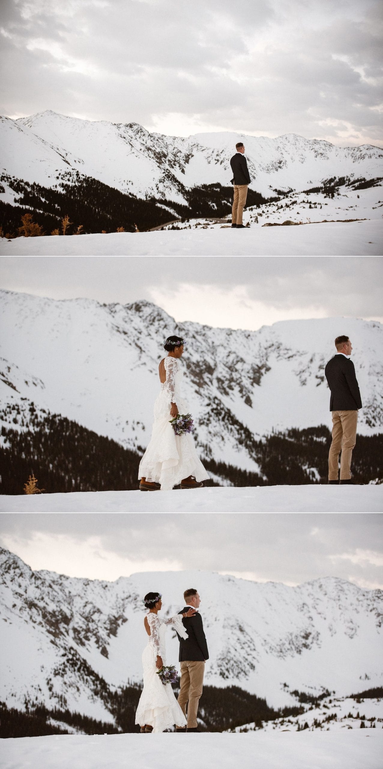 Bride and groom share a first look at Loveland Pass, in Colorado. 