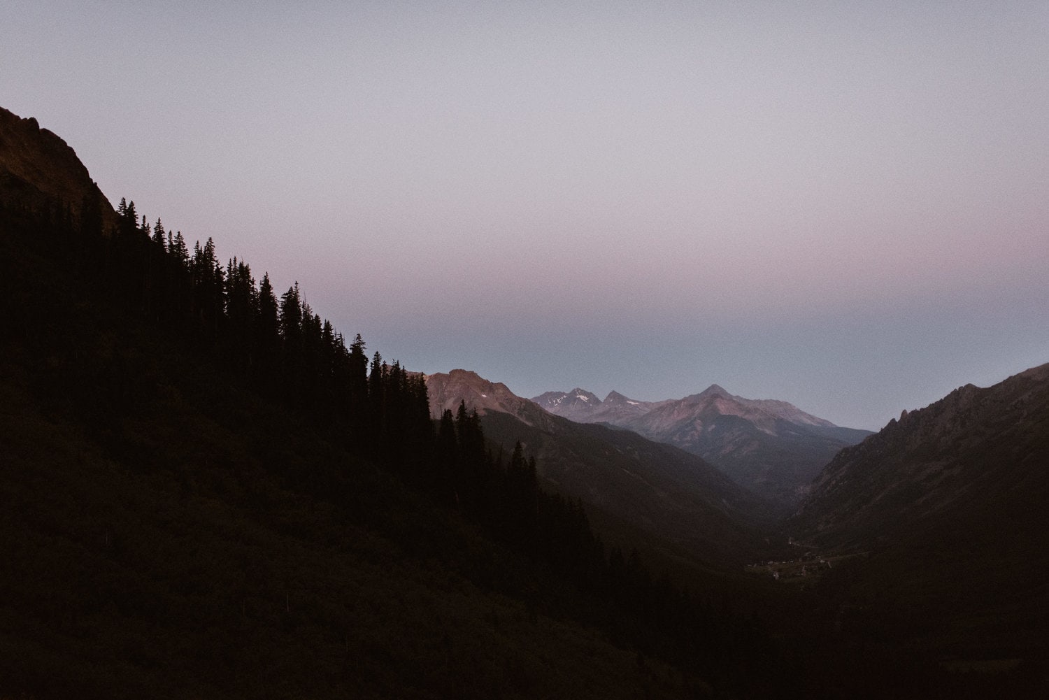 Landscape of mountains from Ophir Pass at sunrise in Colorado. 