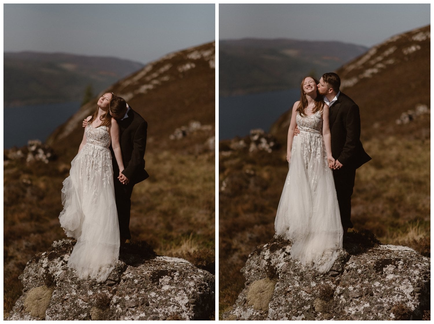 Bride and groom are standing on a rock in the Scottish Highlands. The groom is kissing the bride's cheek. 