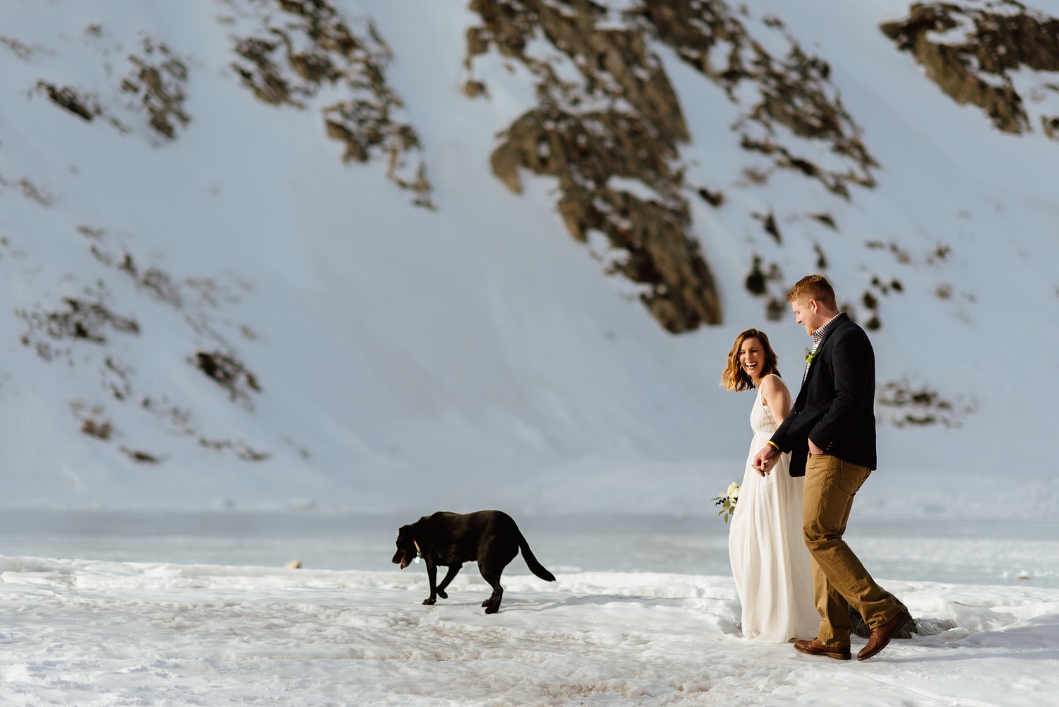 Bride and groom hold hands and walk through snow with their dog at St. Mary's Glacier in Idaho Springs, Colorado. 