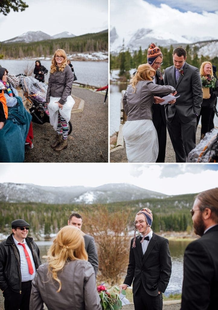 Bride and groom with their friends and family, on their elopement day at Sprague Lake in Rocky Mountain National Park, Colorado. 