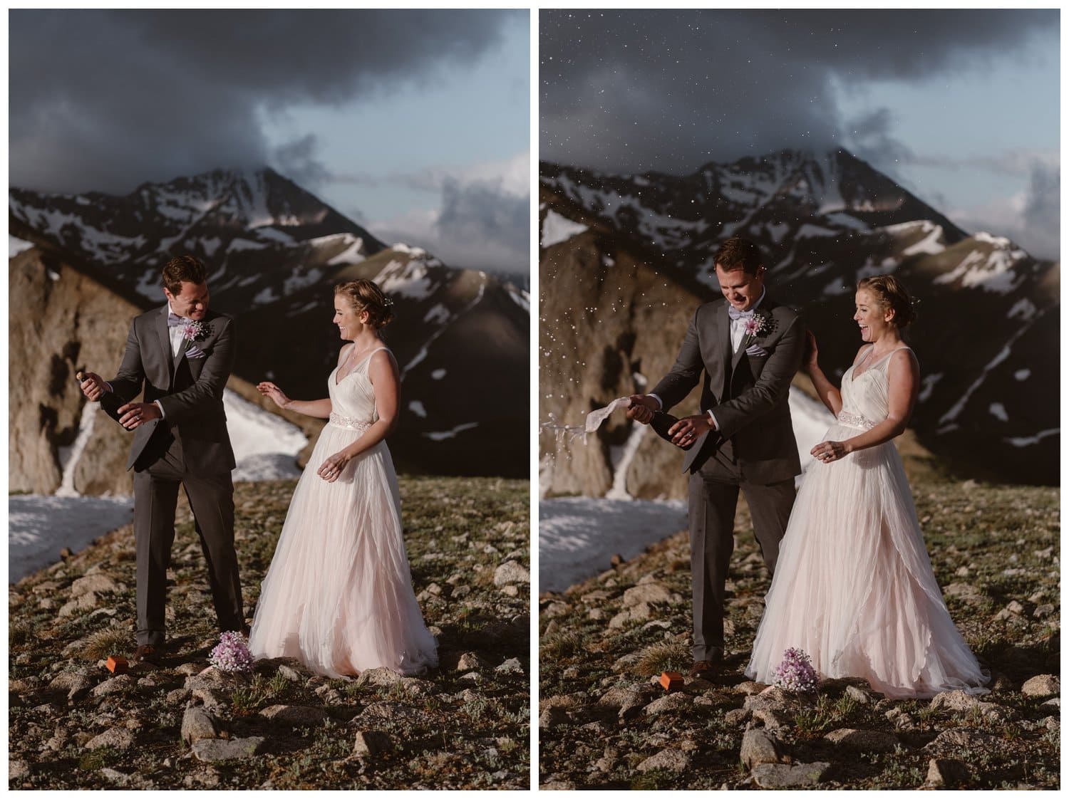 Bride and groom pop champagne  during a sunrise hiking elopement near Aspen, Colorado. 