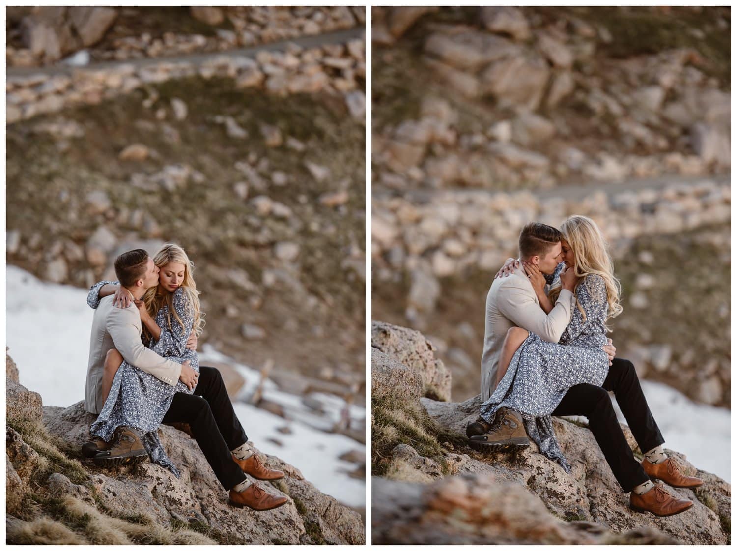 Couple is sitting on rocks and embracing at Mt. Evans in Colorado. 