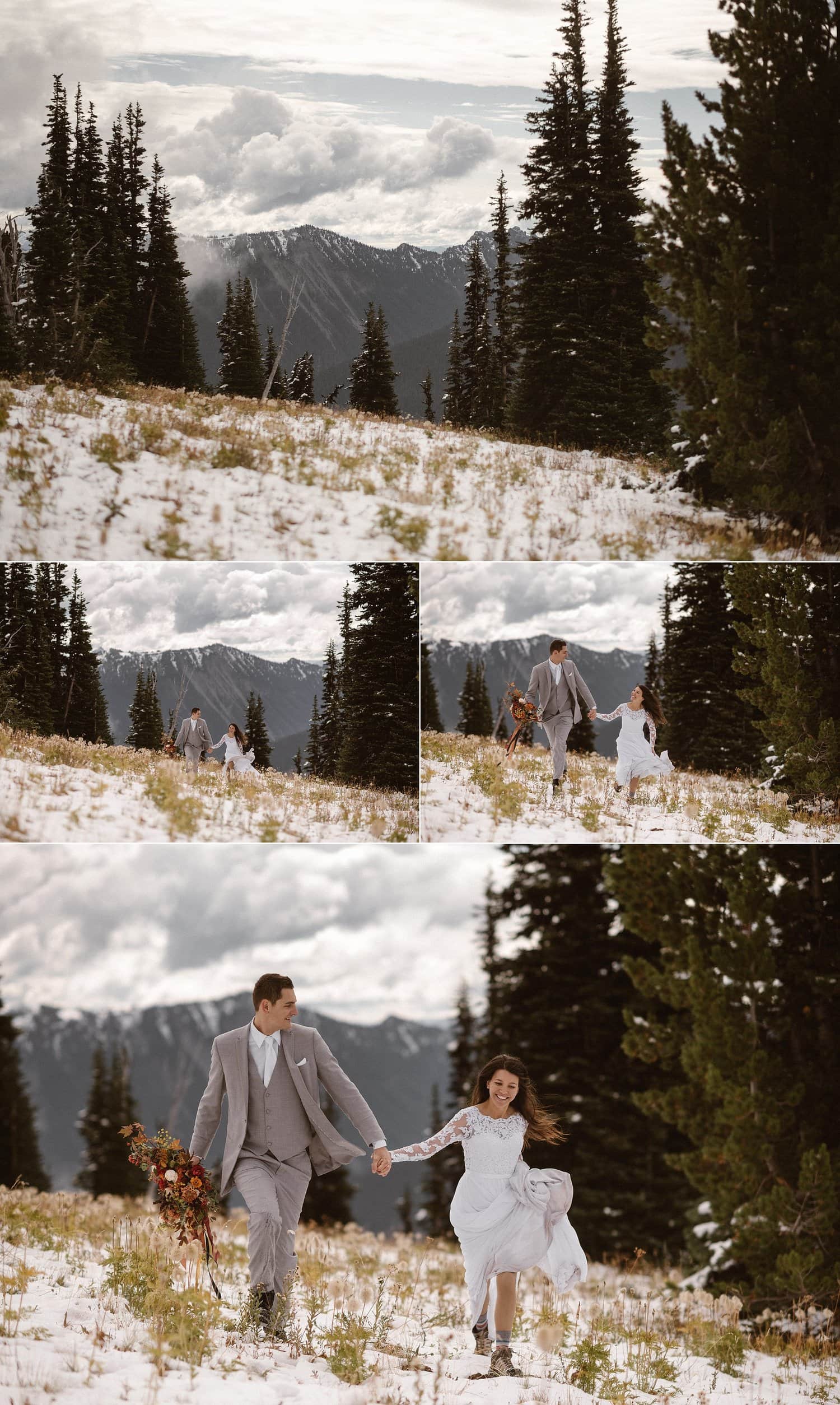 Bride and groom run through the snow on their elopement day at Mt. Rainer National Park. 