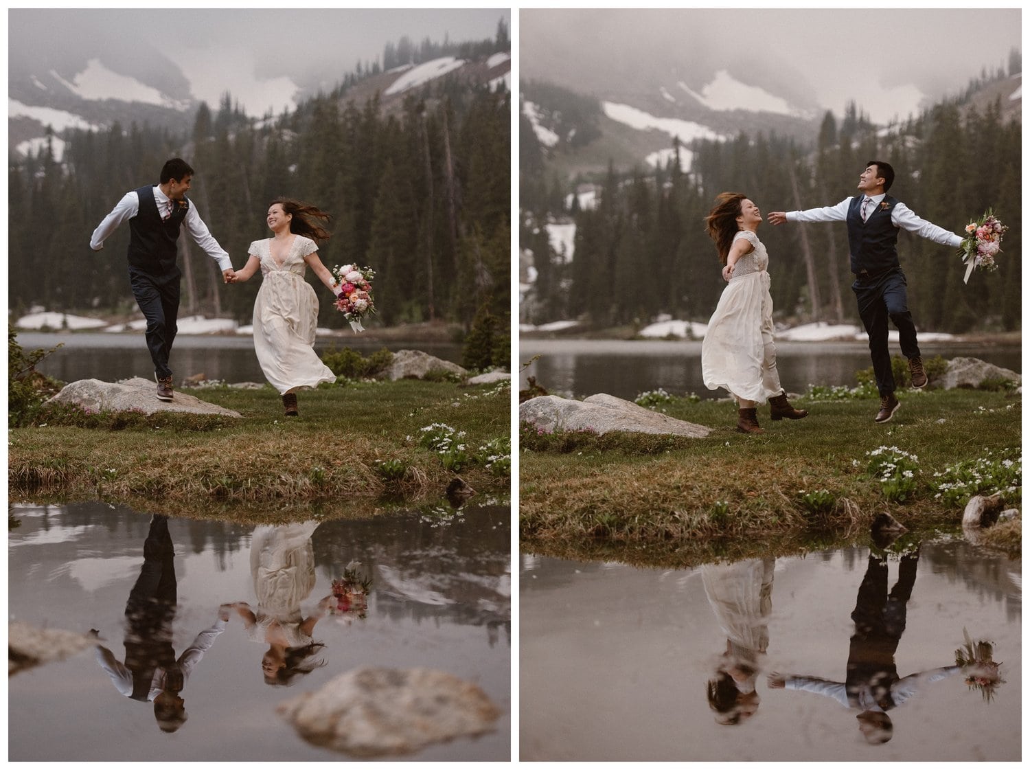 Bride and groom jumping in the air in front of a high alpine lake near Boulder, Colorado. Their reflections show in the water in front of them. Thee are trees and snow-capped mountains in the background. 