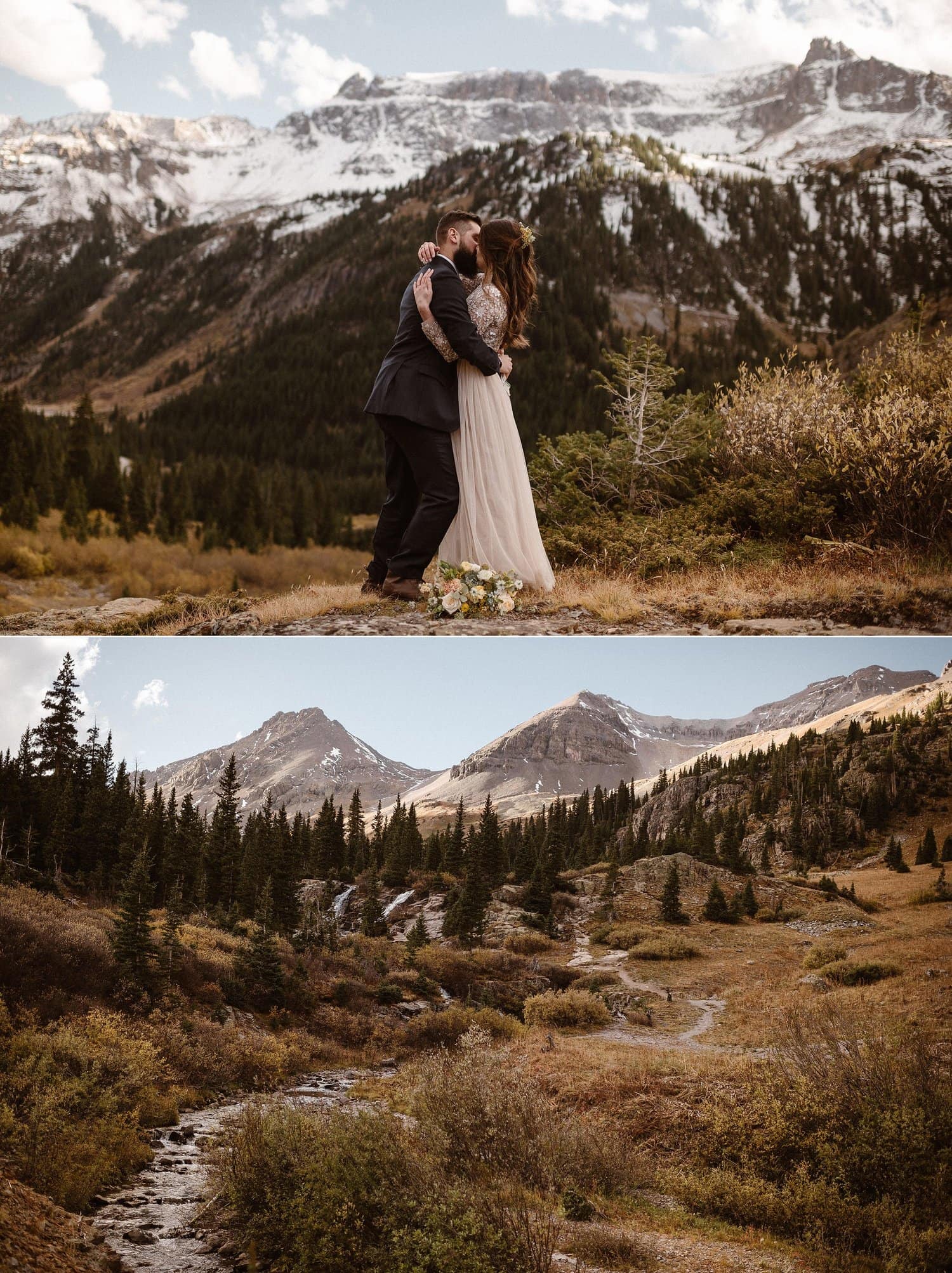 Bride and groom share a kiss during self-solemnizing intimate elopement ceremony at Yankee Boy Basin in Ouray, Colorado. 