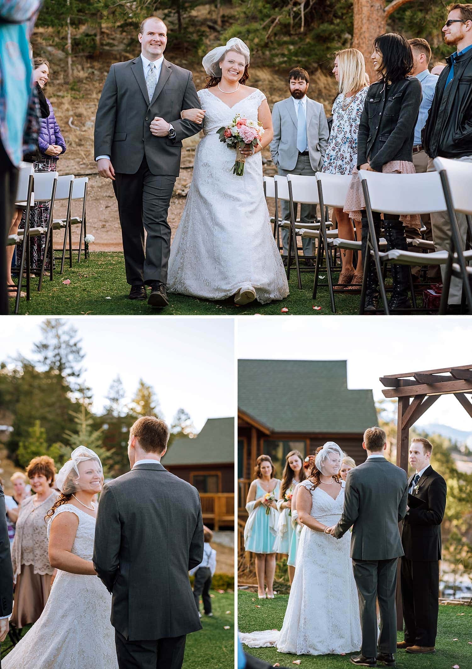 Bride walks down aisle towards groom during ceremony at Mary's Lake Lodge in Estes Park, Colorado.